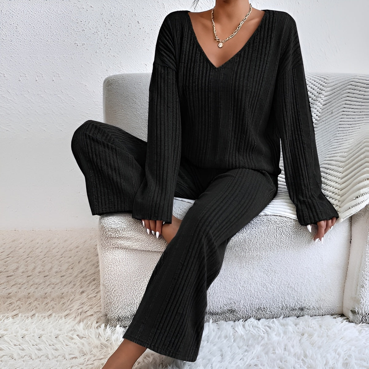 Herfst Winter gebreide set met V-hals trui en elastische broek