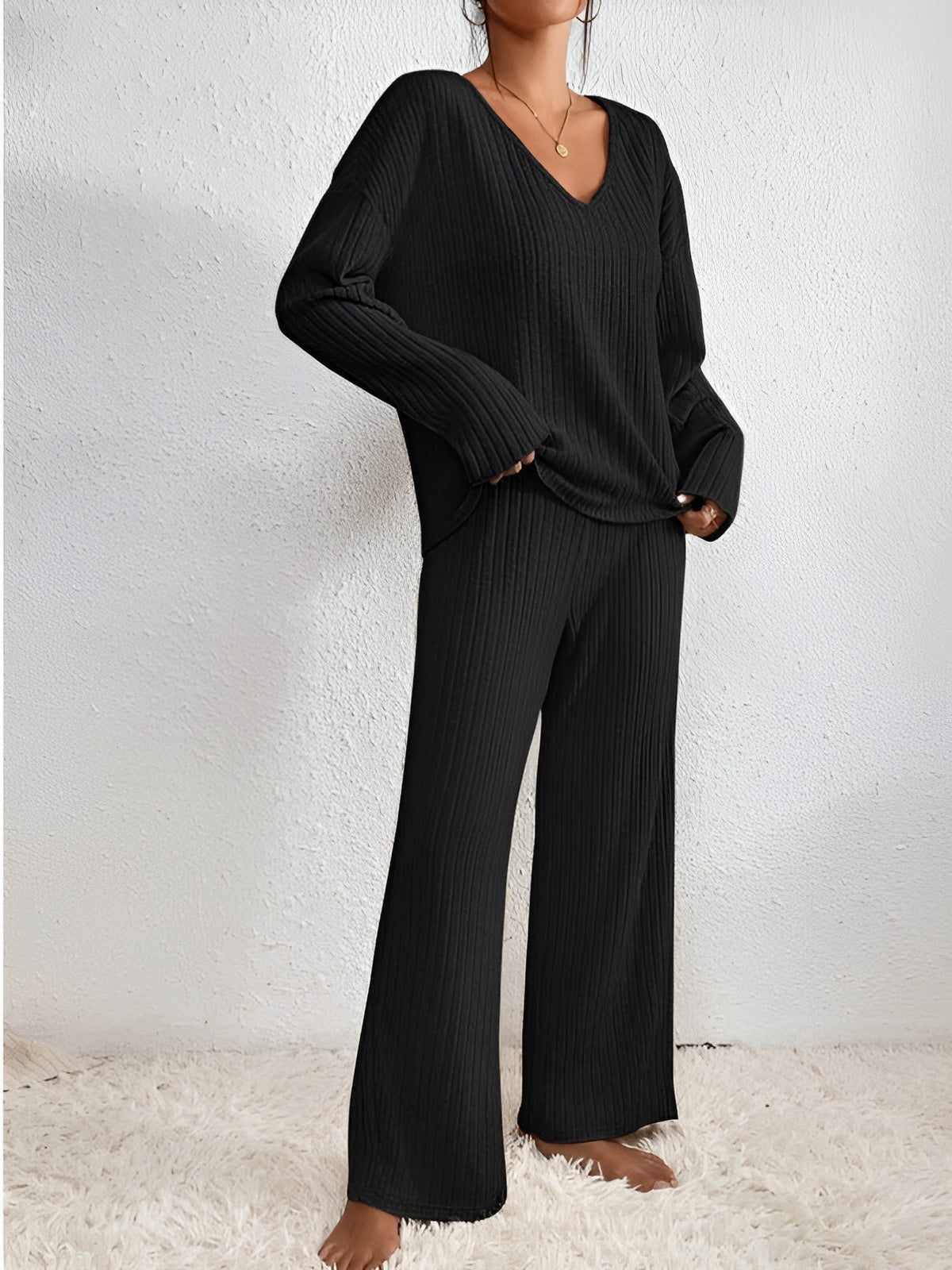 Herfst Winter gebreide set met V-hals trui en elastische broek