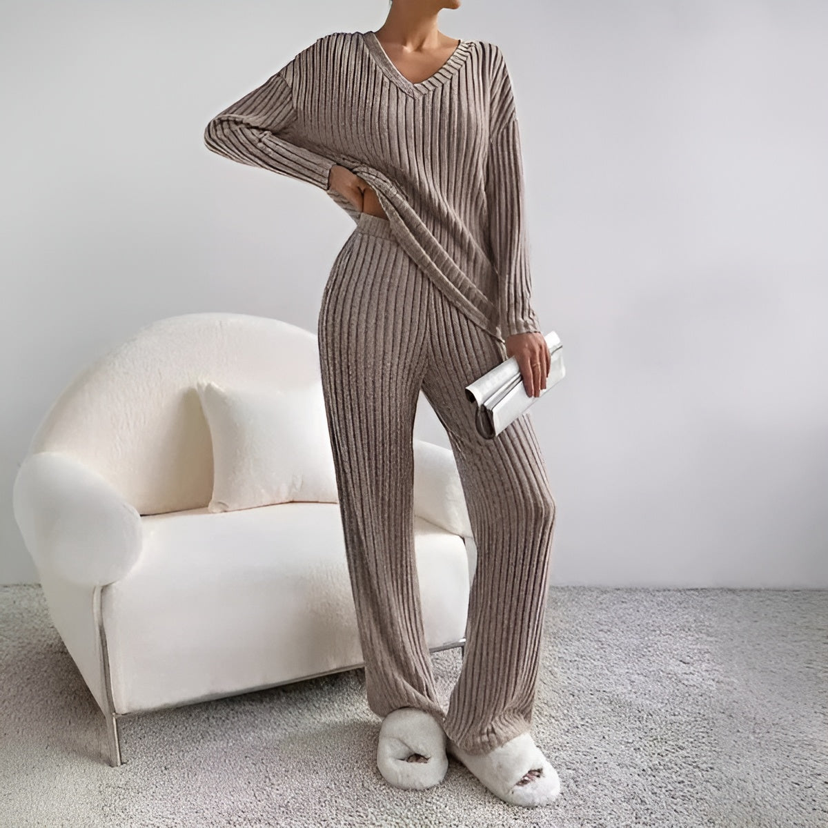 Herfst Winter gebreide set met V-hals trui en elastische broek