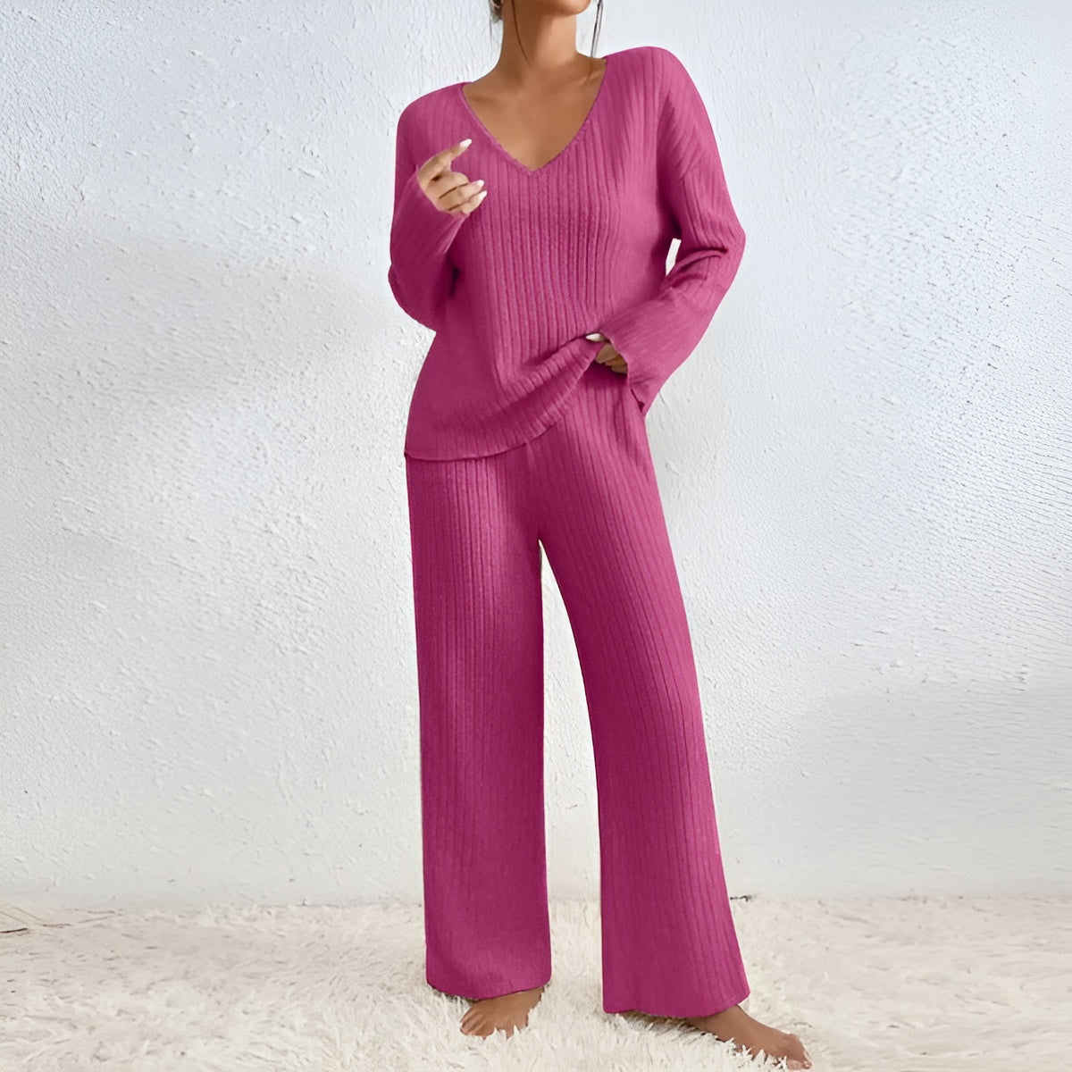 Herfst Winter gebreide set met V-hals trui en elastische broek