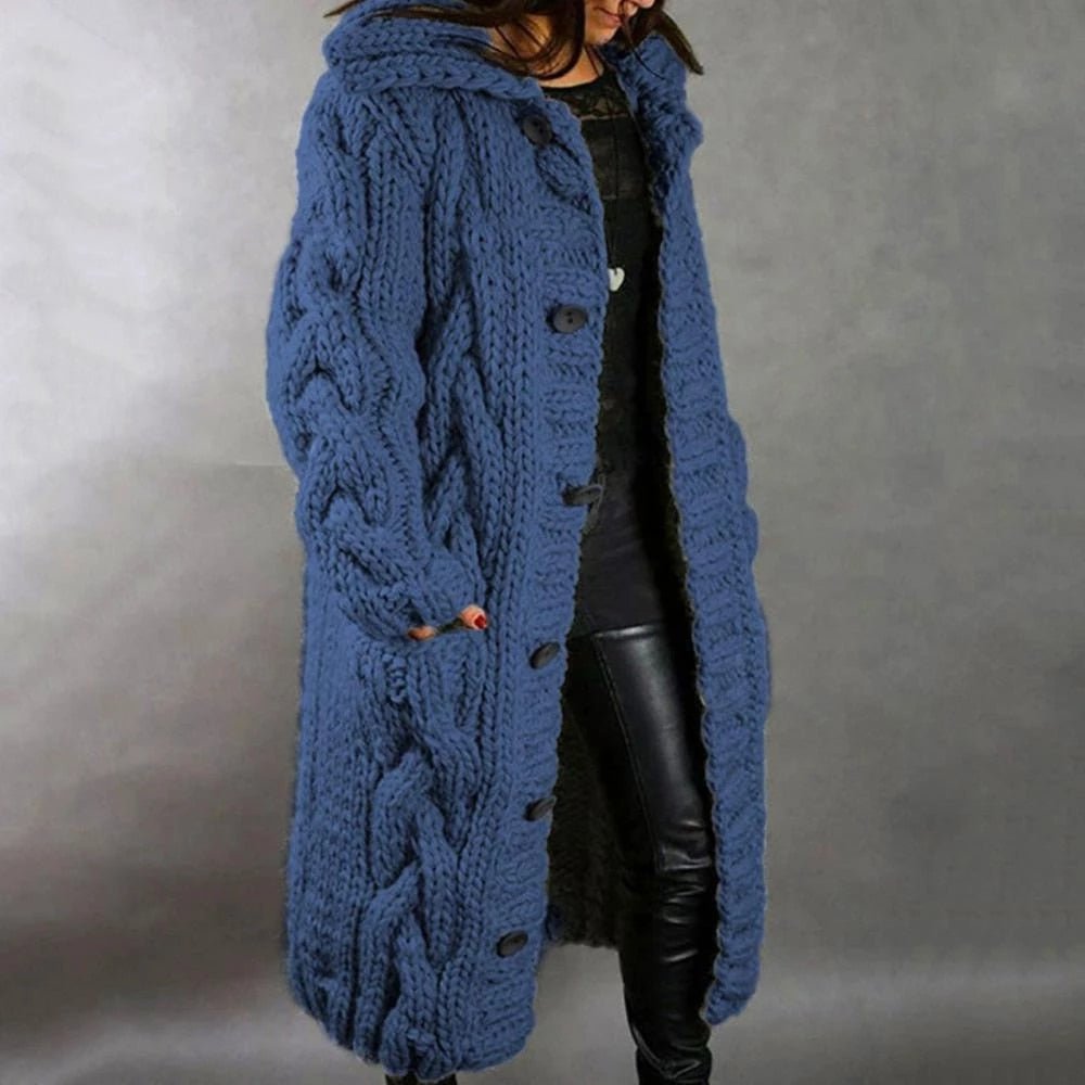 Women's Knitted Coat – Oversized Fit – Wool Mix – Cable Pattern – Long Model – Hood