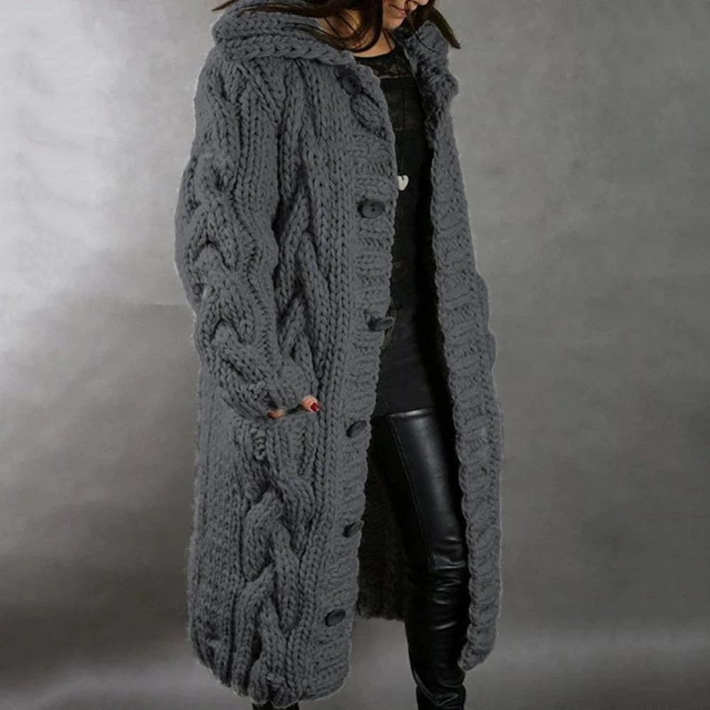 Women's Knitted Coat – Oversized Fit – Wool Mix – Cable Pattern – Long Model – Hood