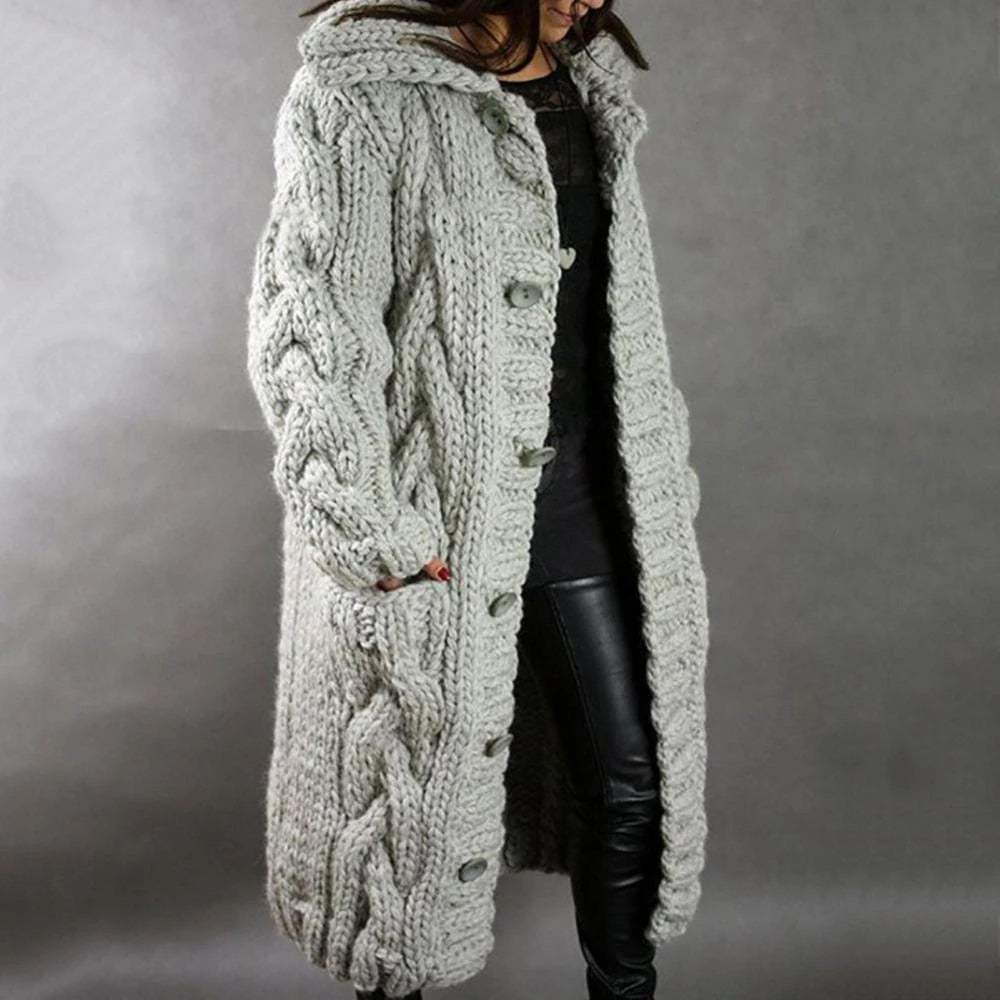 Women's Knitted Coat – Oversized Fit – Wool Mix – Cable Pattern – Long Model – Hood