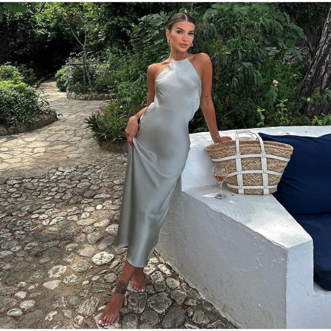 Ladies Halter Dress – Slim Fit – Luxurious Shiny Fabric – Ankle-Length Evening Style