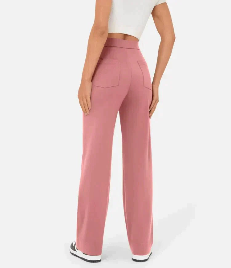Women's Trousers - High Waist - Wide Leg - Button Closure - Front Pockets