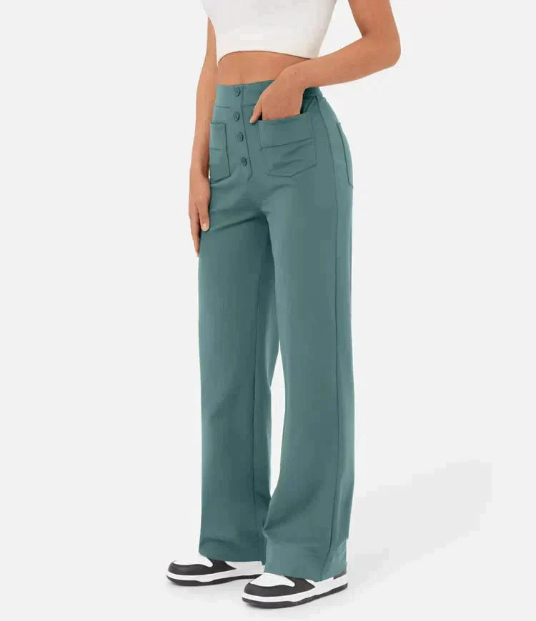 Women's Trousers - High Waist - Wide Leg - Button Closure - Front Pockets