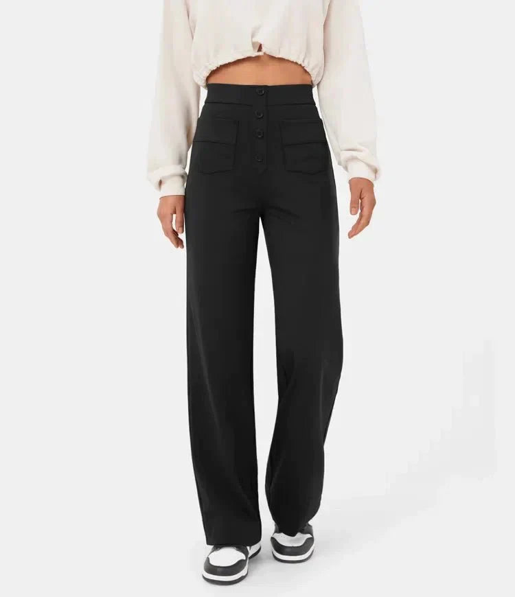Women's Trousers - High Waist - Wide Leg - Button Closure - Front Pockets
