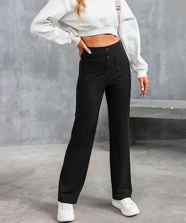 Women's Trousers - High Waist - Wide Leg - Button Closure - Front Pockets