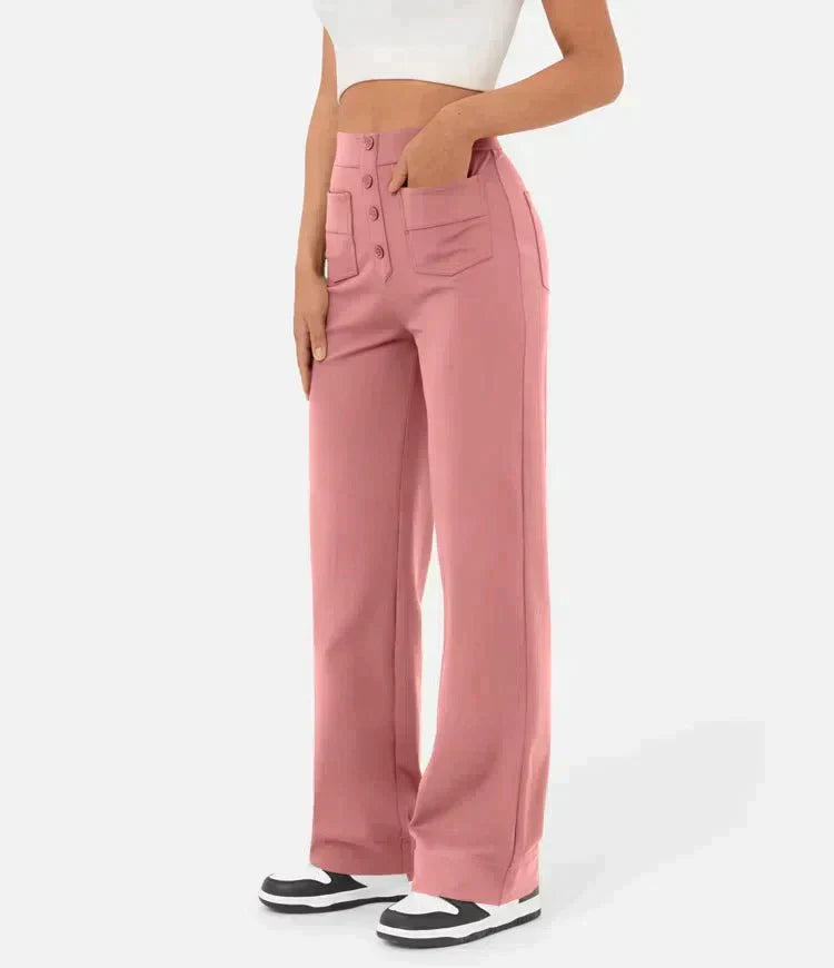 Women's Trousers - High Waist - Wide Leg - Button Closure - Front Pockets