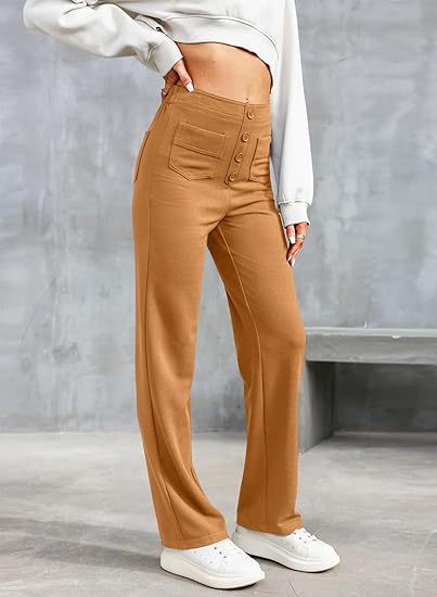 Women's Trousers - High Waist - Wide Leg - Button Closure - Front Pockets