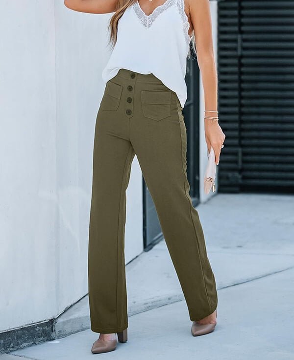 Women's Trousers - High Waist - Wide Leg - Button Closure - Front Pockets