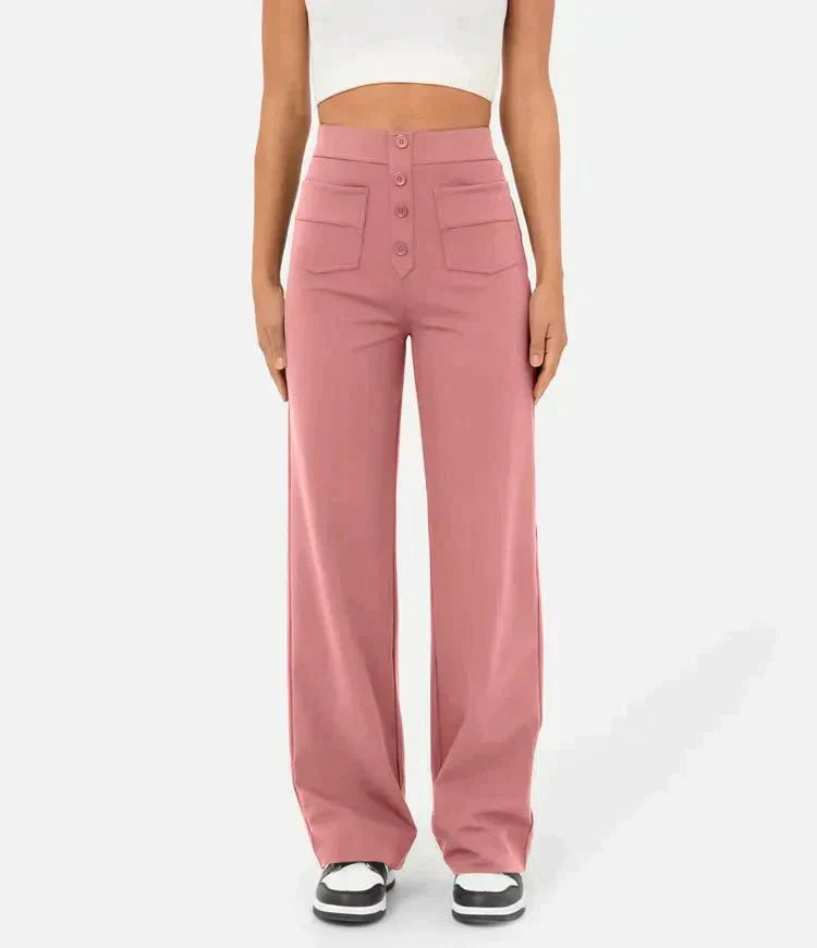 Women's Trousers - High Waist - Wide Leg - Button Closure - Front Pockets