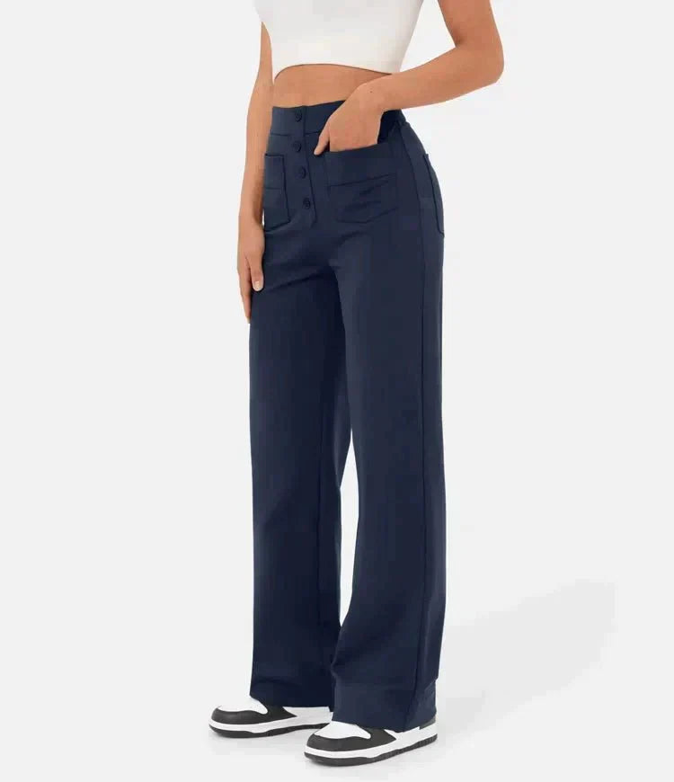 Women's Trousers - High Waist - Wide Leg - Button Closure - Front Pockets
