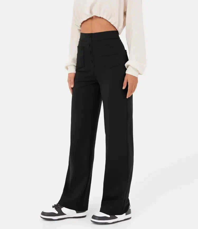 Women's Trousers - High Waist - Wide Leg - Button Closure - Front Pockets