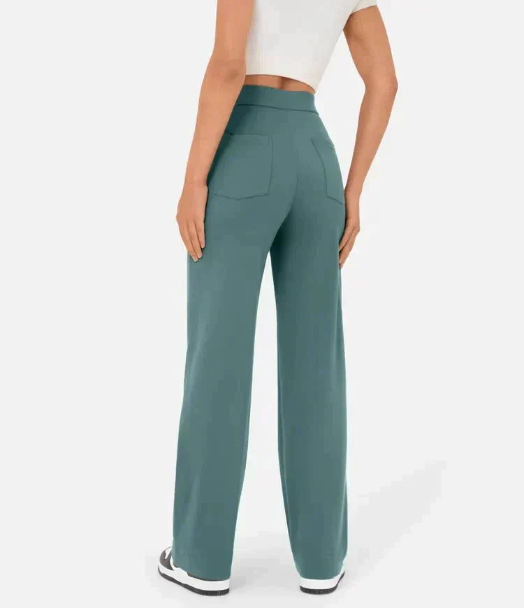 Women's Trousers - High Waist - Wide Leg - Button Closure - Front Pockets