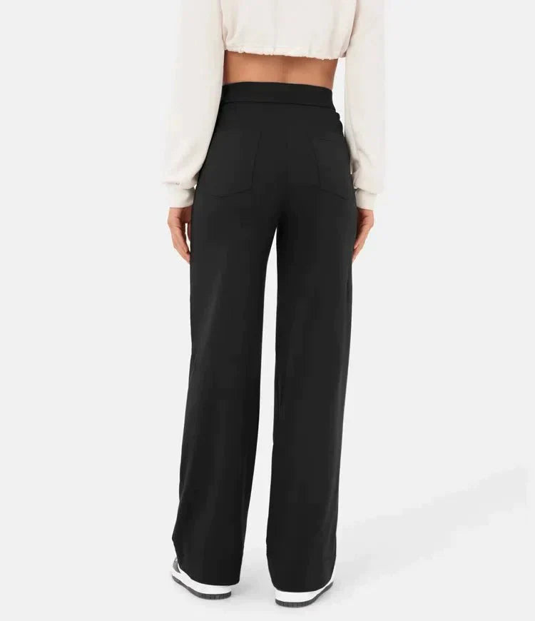 Women's Trousers - High Waist - Wide Leg - Button Closure - Front Pockets