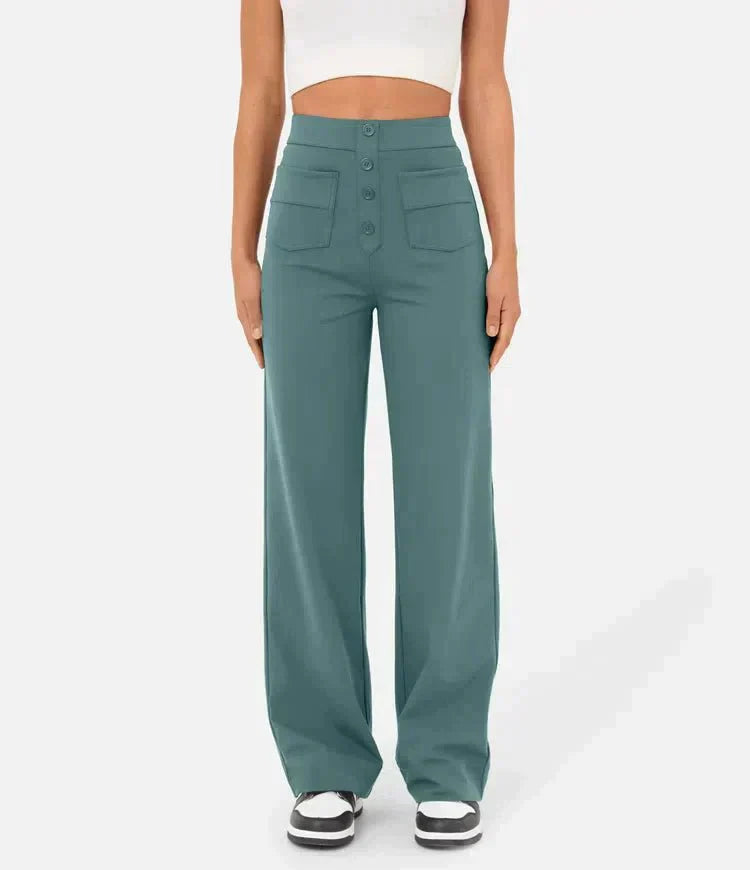 Women's Trousers - High Waist - Wide Leg - Button Closure - Front Pockets