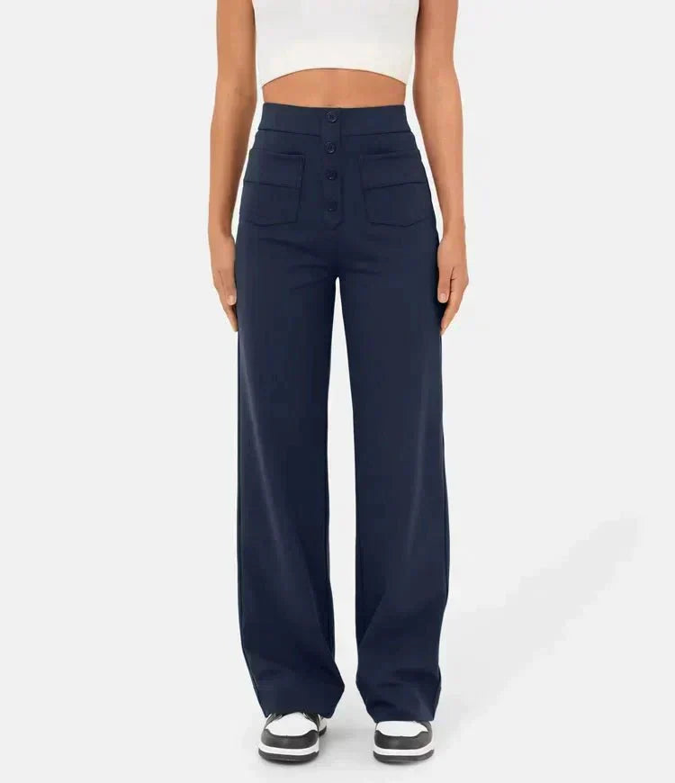 Women's Trousers - High Waist - Wide Leg - Button Closure - Front Pockets