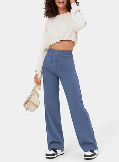 Women's Trousers - High Waist - Wide Leg - Button Closure - Front Pockets