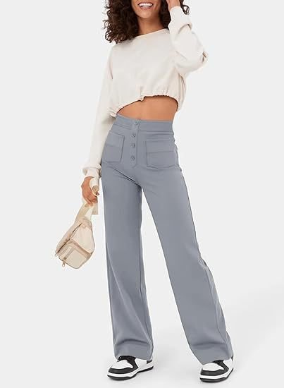 Women's Trousers - High Waist - Wide Leg - Button Closure - Front Pockets