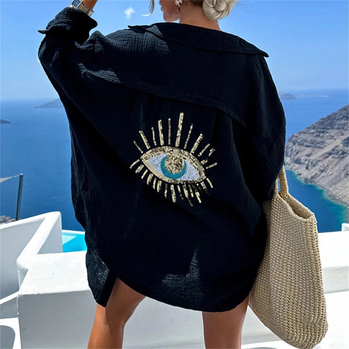Dames Kimono Jas – Oversized Pasvorm – Lichtgewicht Gauze – Geborduurd Oog Design