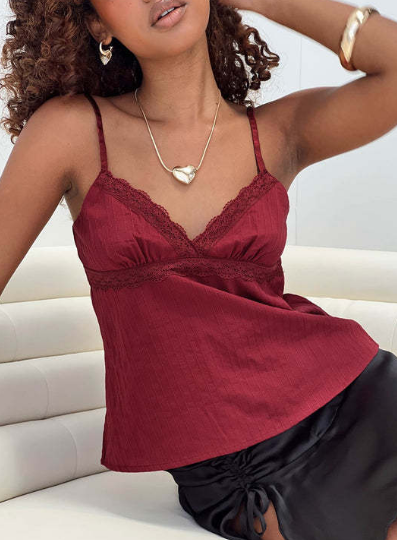 Dames Top – Spaghettibandjes – Plissé Stof – Kanten Halslijn – Luchtige Pasvorm