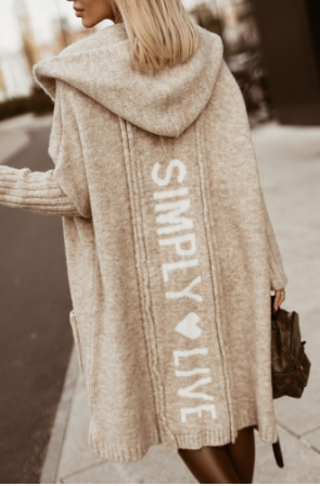 Women's Long Coat – Loose Fit – Wool Knit – Hood – Graphic Back Panel