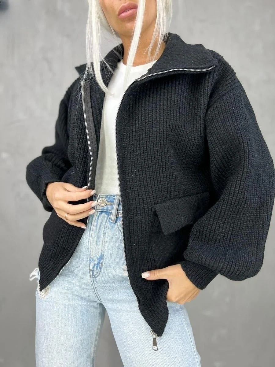Women's Cardigan – Relaxed Fit – Knitted Wool – Zip Closure – Ribbed Texture – Flap Pockets