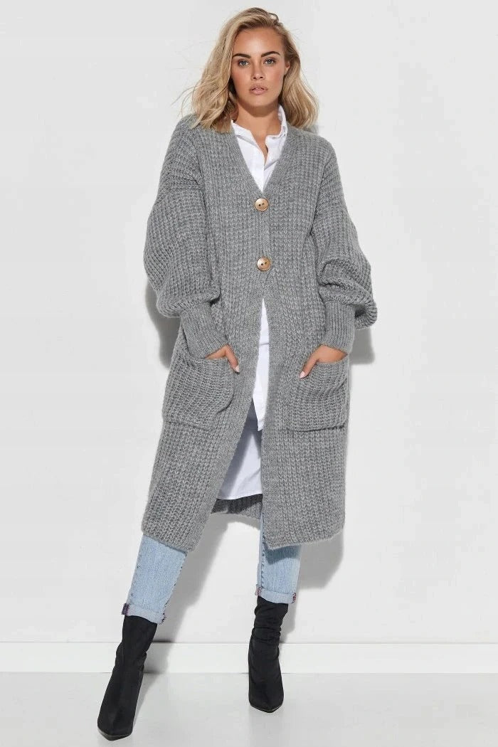 Women's Knitted Jacket – Oversized Fit – Wool – Long Model – Button Closure – Pockets