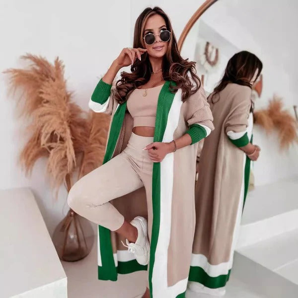 Women's long knitted coat – Oversized fit – Open front – Wide collar – Woolmix