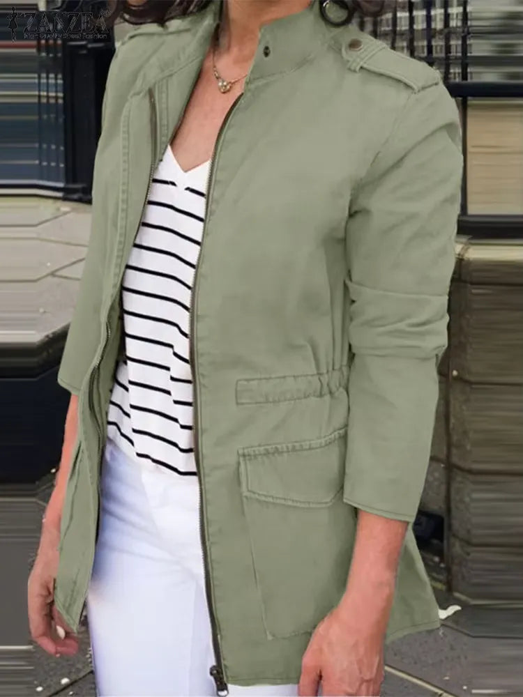 Women's Cargo Jacket – Relaxed Fit – Cotton – Zip Closure – Stand-up Collar – Flap Pockets