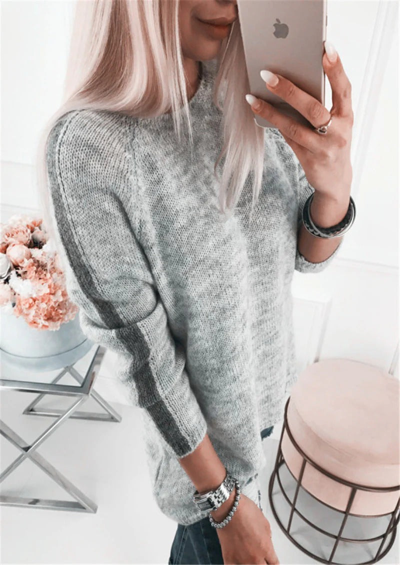 Women's Knitted Sweater – Loose Fit – Striped Sleeves – Soft Cotton Blend