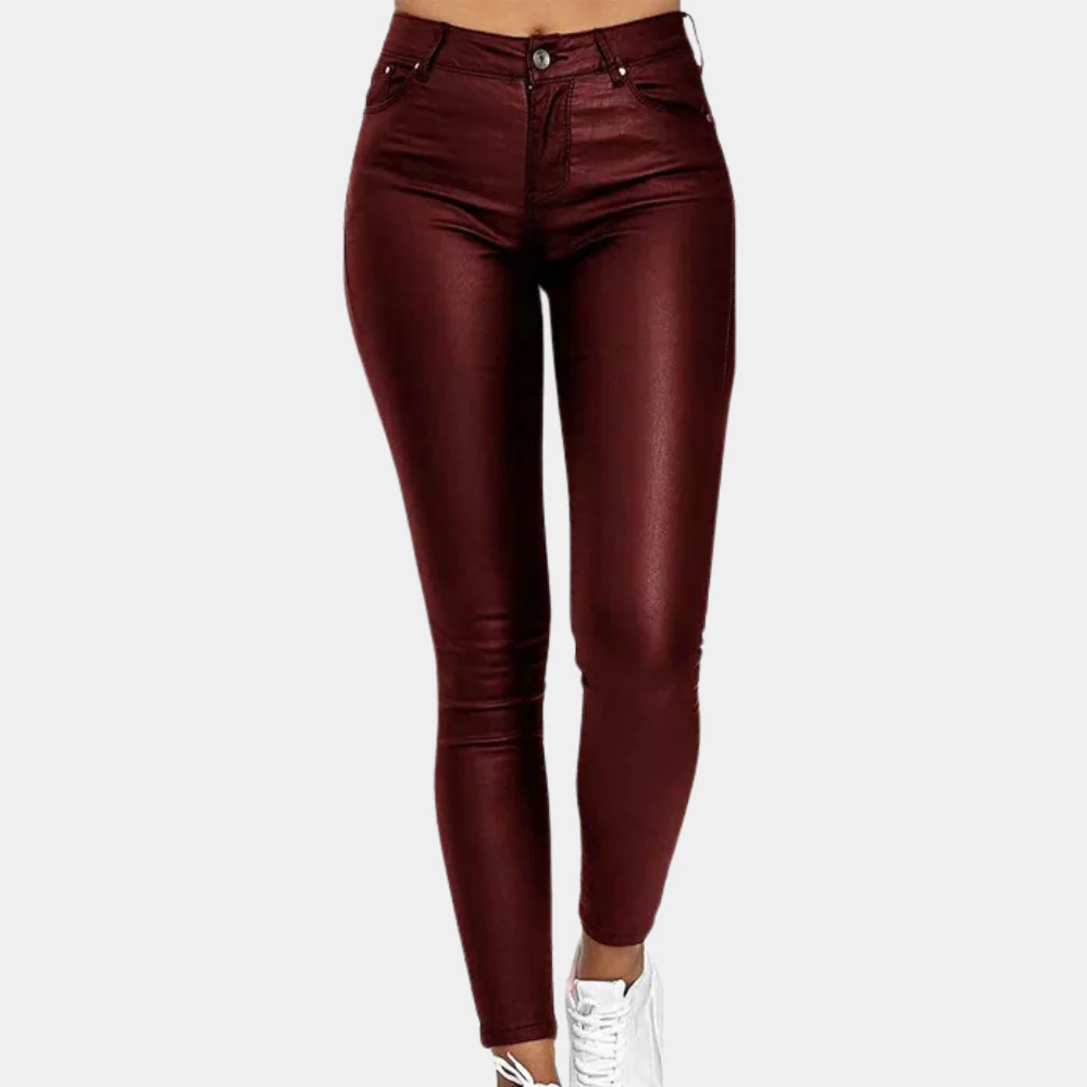 Women's Slim Fit Pants – Leatherlook Finish – Five-pocket Model – Full Length