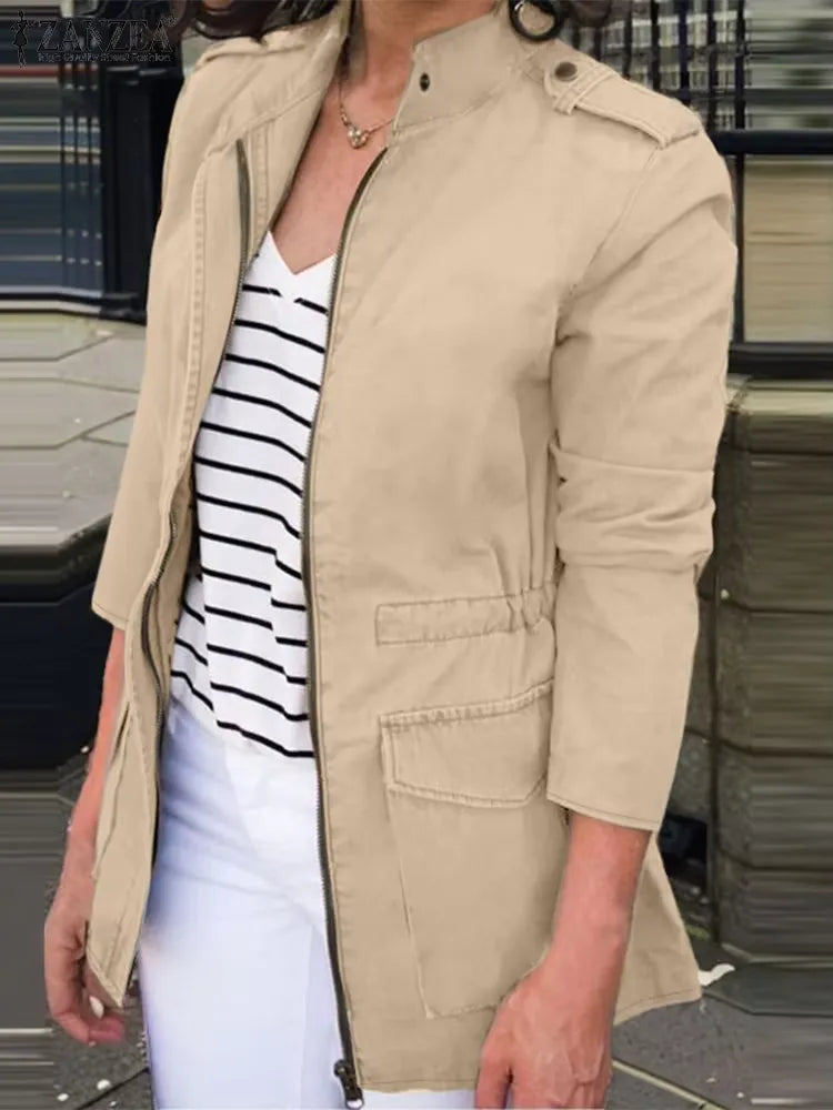 Women's Cargo Jacket – Relaxed Fit – Cotton – Zip Closure – Stand-up Collar – Flap Pockets