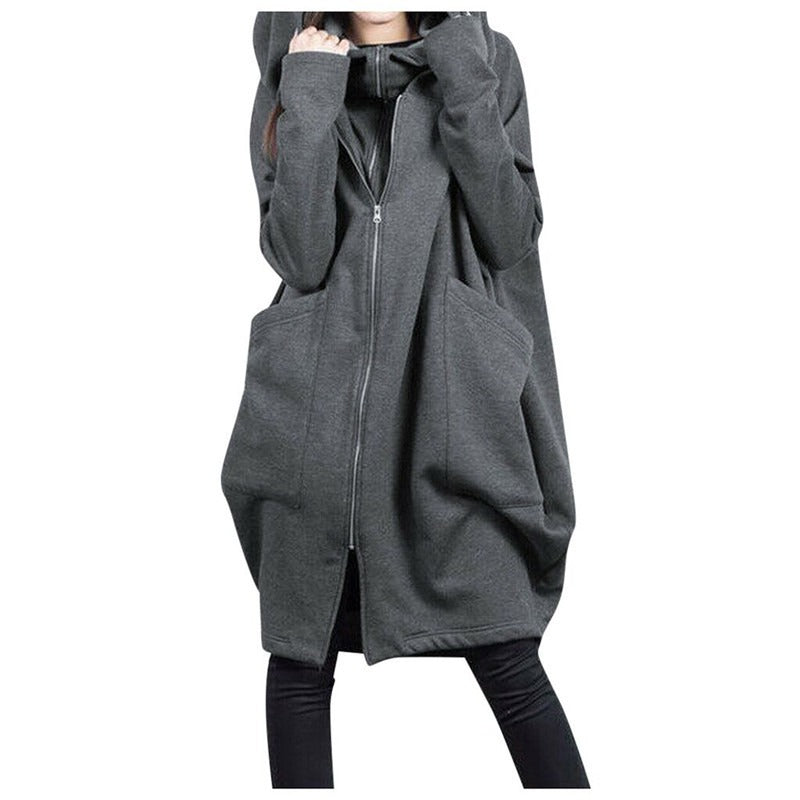 Women's Mid-Length Coat – Oversized Fit – Hood – Zipper Closure – Soft Wool Look