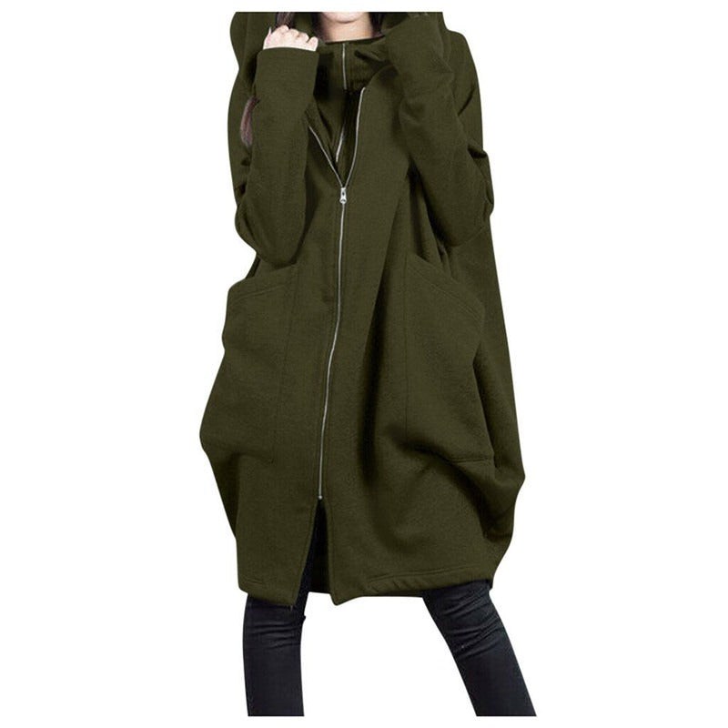 Women's Mid-Length Coat – Oversized Fit – Hood – Zipper Closure – Soft Wool Look