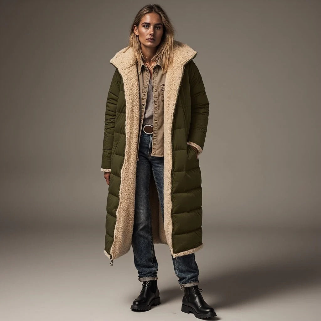 Women's Long Padded Coat – Relaxed Fit – Fleece Collar – Full Coverage