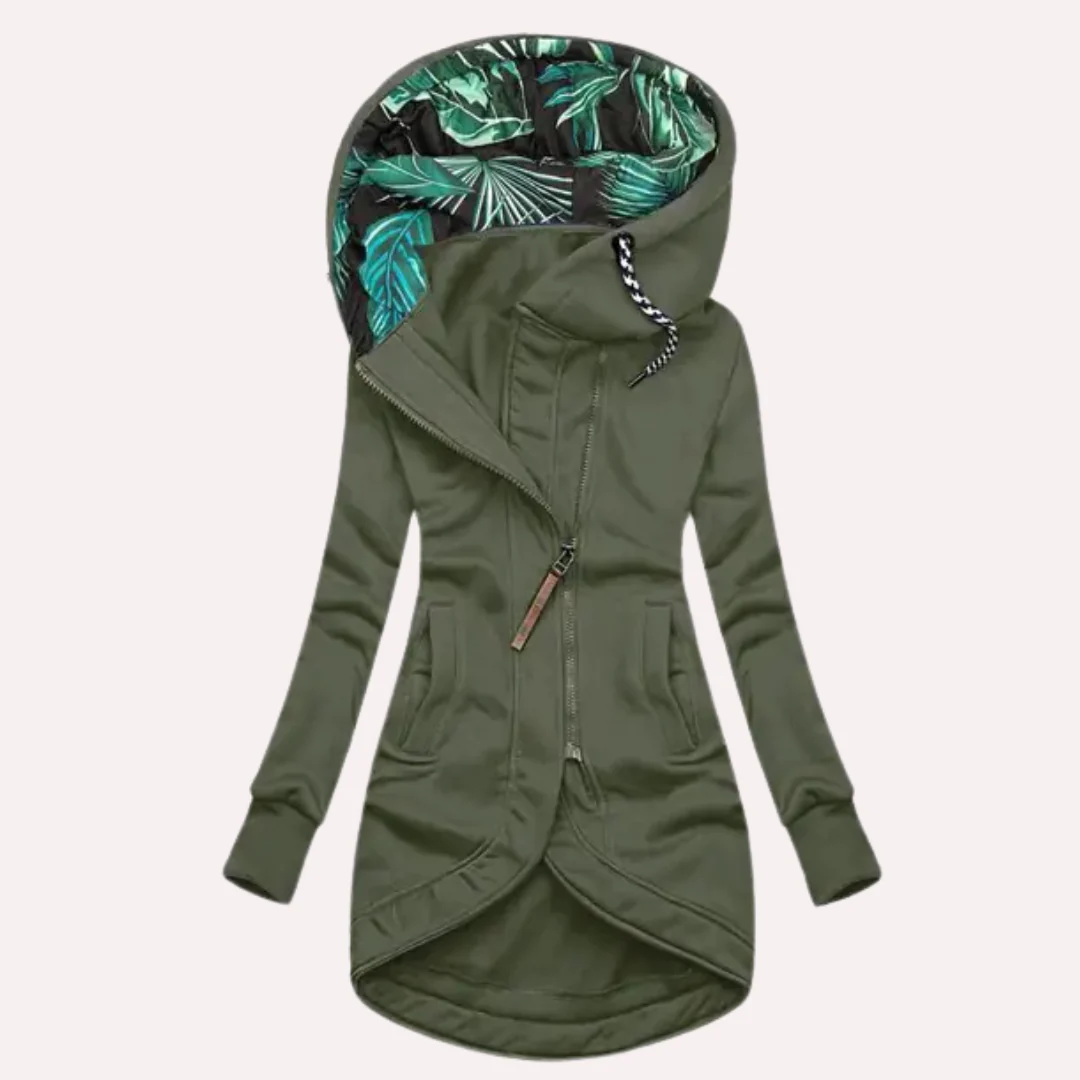 Ladies Fleece Jacket – Slim Fit – Asymmetrical Zip – Lined Hood with Print