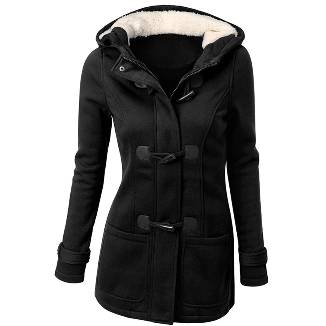 Ladies long coat – Woolmix – Fitted model – Hood – Toggle fastening – Pockets