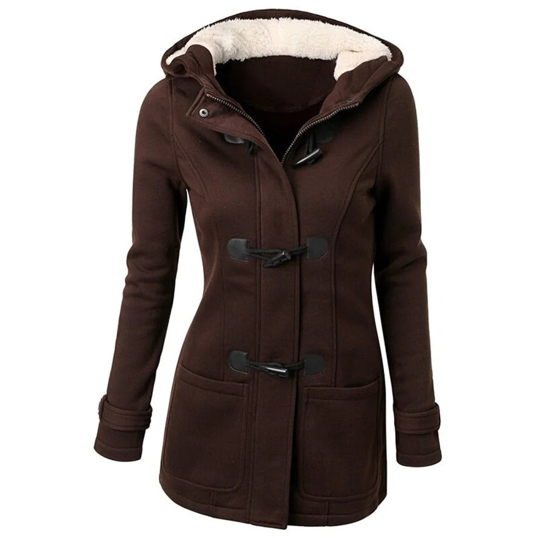 Ladies long coat – Woolmix – Fitted model – Hood – Toggle fastening – Pockets