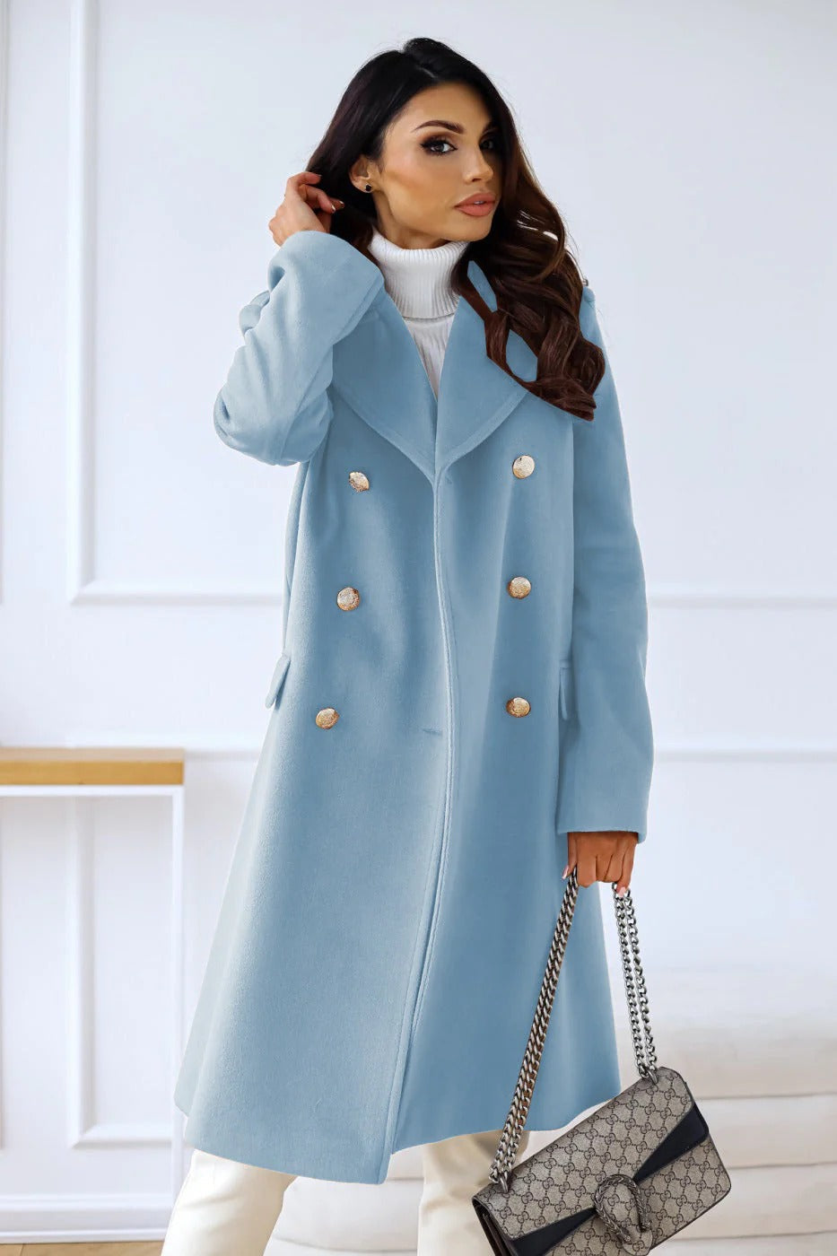 Ladies Long Coat – Wool Mix – Fitted Model – Double-Breasted – Notch Lapel