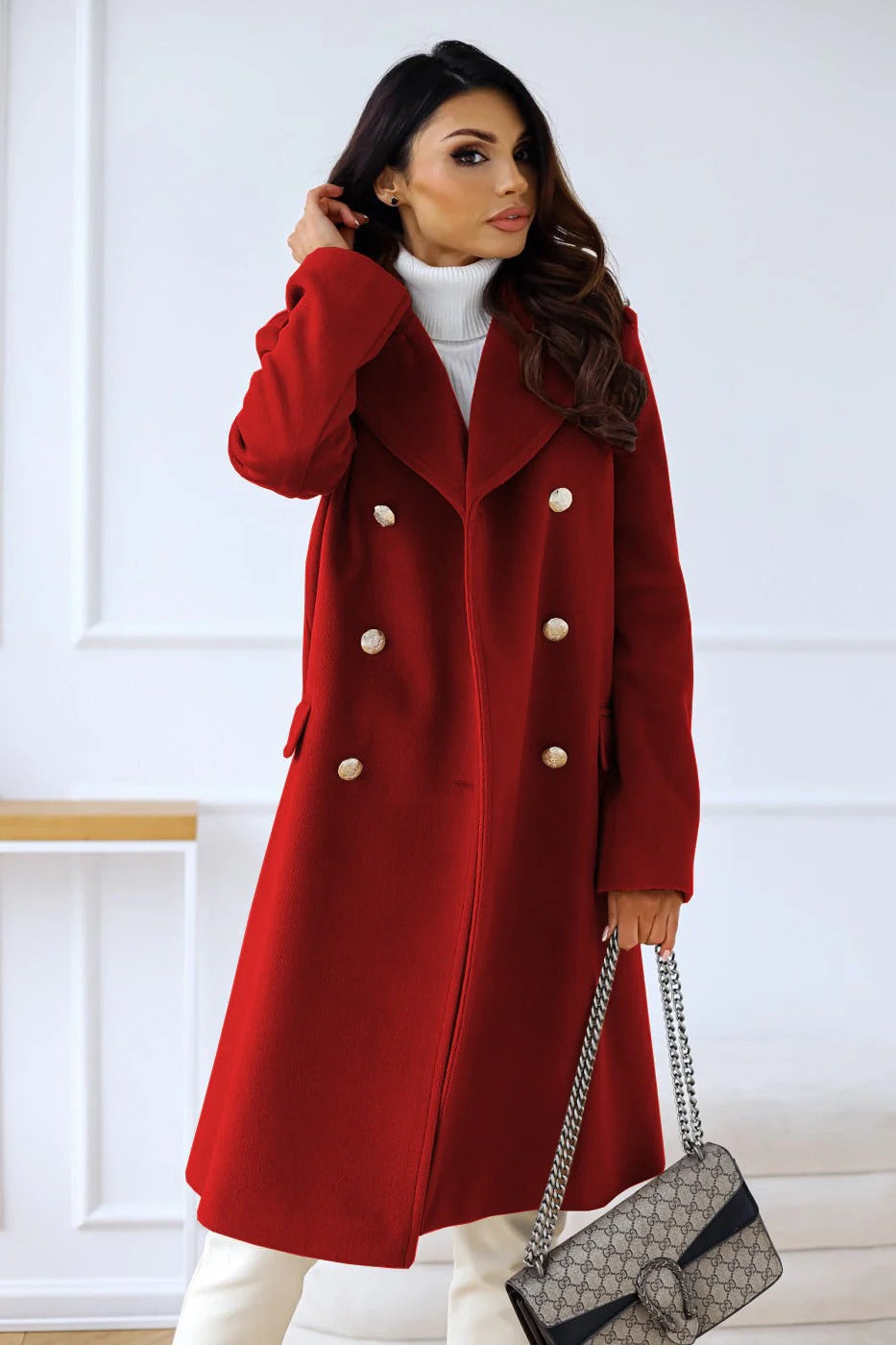 Ladies Long Coat – Wool Mix – Fitted Model – Double-Breasted – Notch Lapel