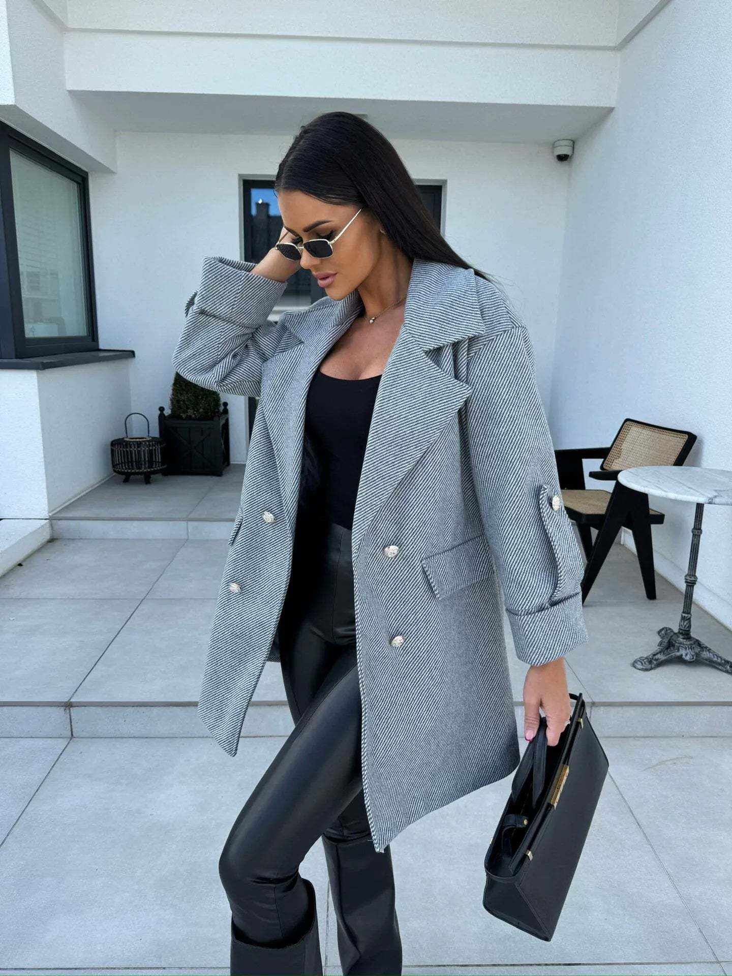 Women's Wool Coat – H-Line Fit – Blazer Collar – Double-Breasted – Knee-Length