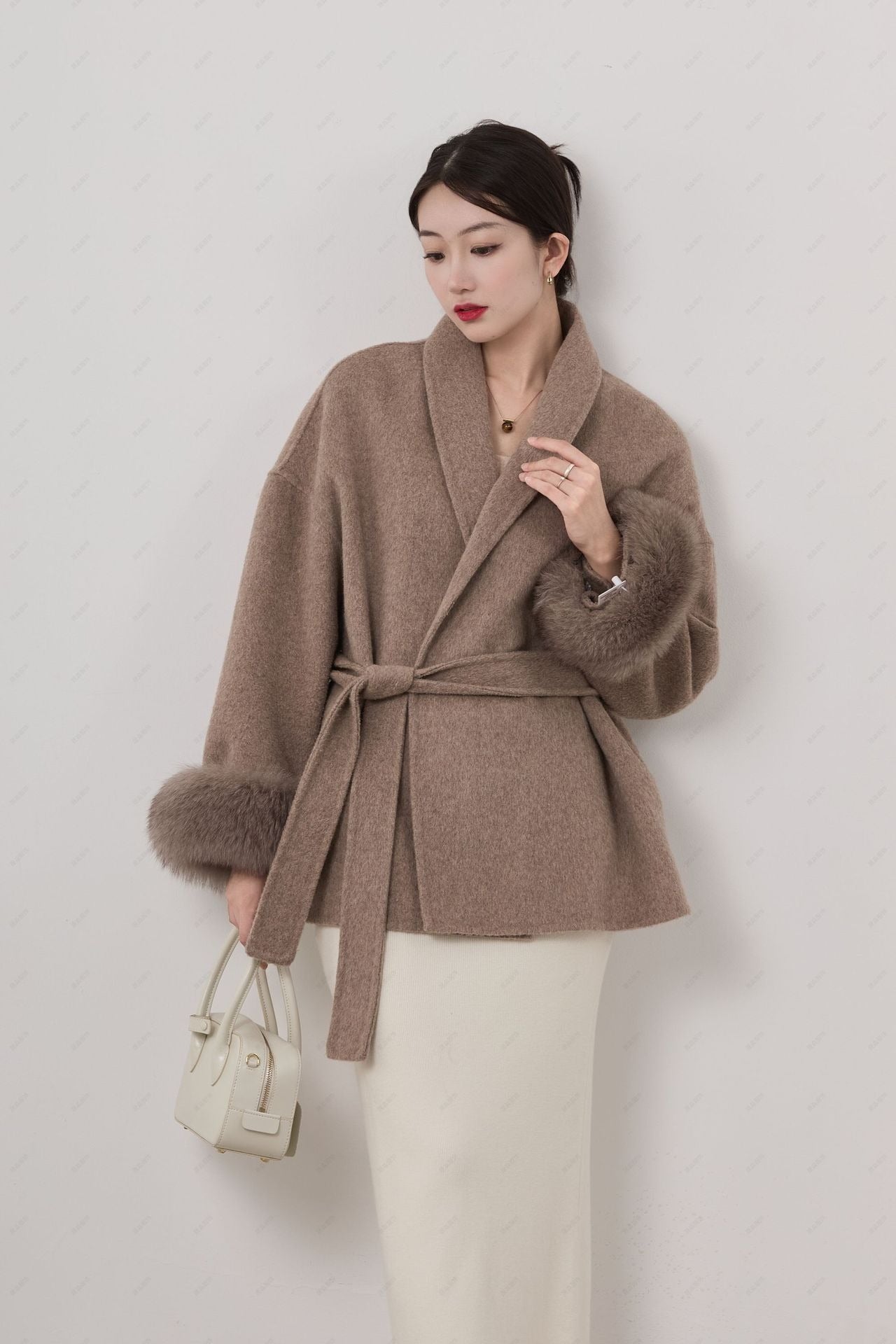 Ladies Short Coat – Wool Blend – Wrap Model – Shawl Collar – Belt – Detachable Fur Cuffs