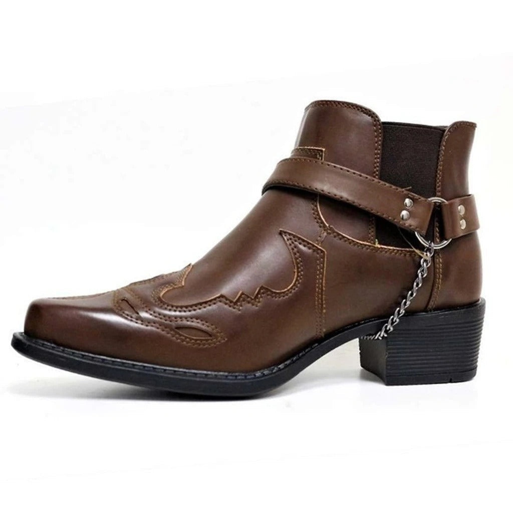 Men's Cowboy Boots – Leather Ankle-high – Pointed Toe – Buckle and Chain Detail