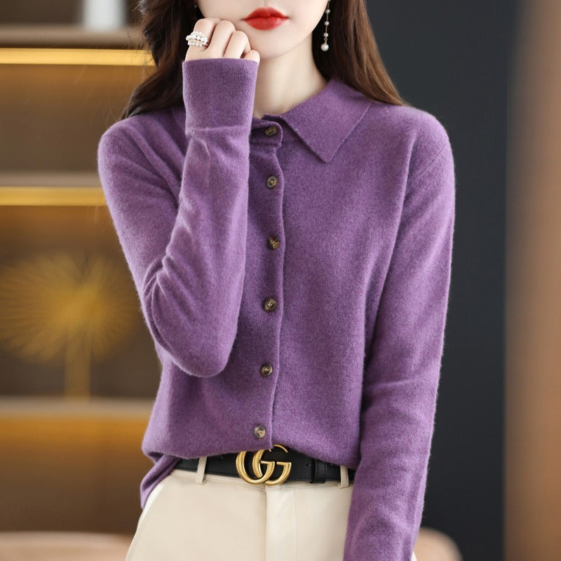 Women's cardigan – Wool mix – Relaxed fit – Polo collar – Long sleeves – Button-through model