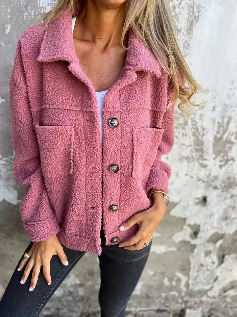 Women's Jacket – Oversized Fit – Plush Fabric – Button Closure – Large Collar – Casual