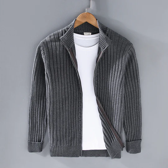 Men's Knitted Cardigan – Slim Fit – Cotton – Ribbed Texture – Zipper Closure