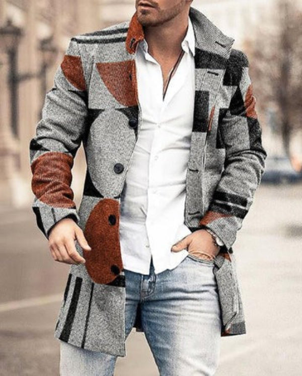 Men's Coat – Wool Blend – Tailored Fit – Check Pattern – Button Closure – Mid-Length
