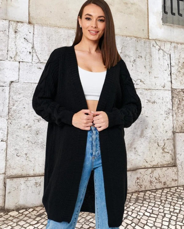 Ladies Knitted Jacket – Wool – Oversized Fit – Cable Sleeve – Long Open Front